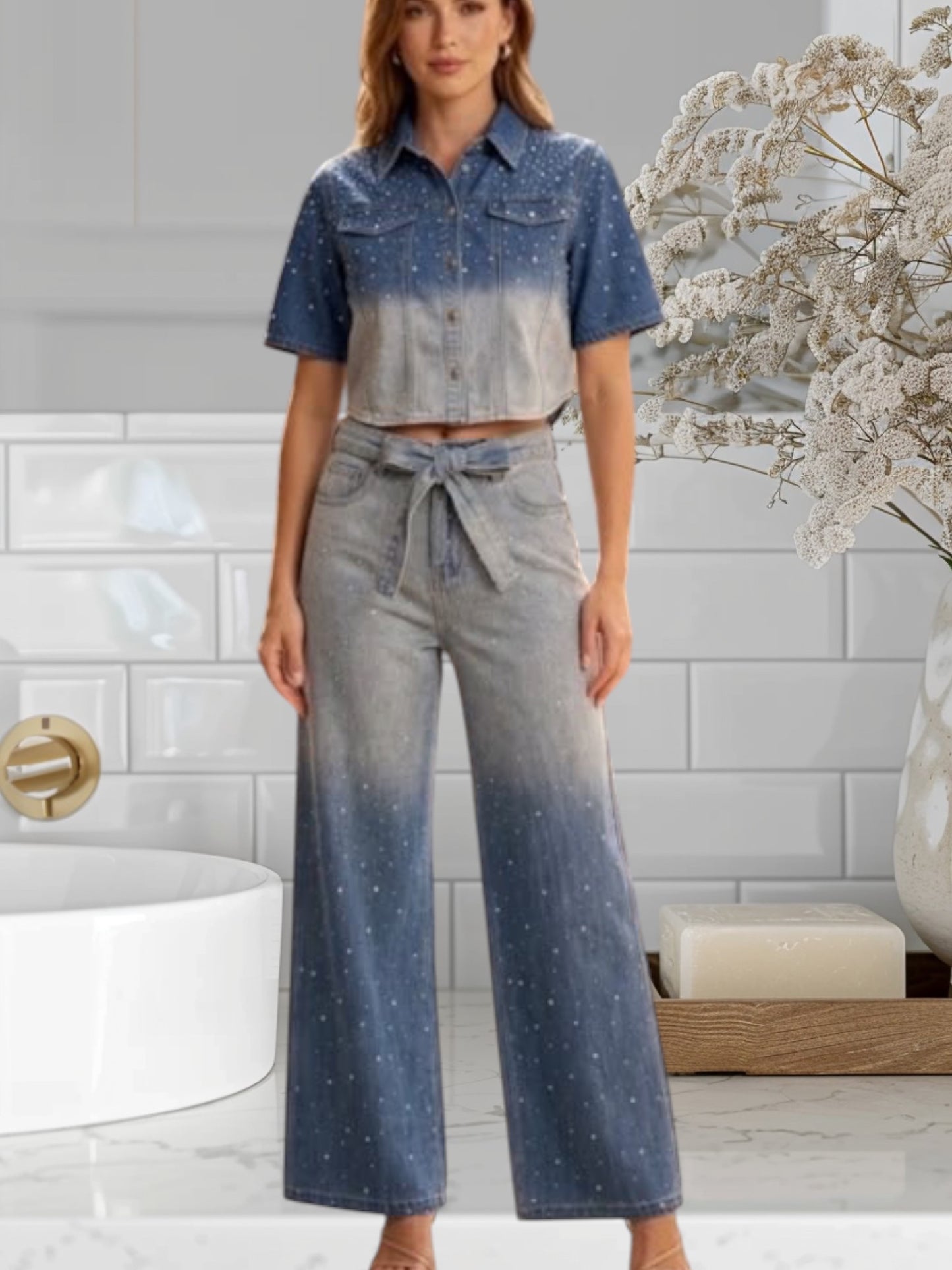 2 Pcs Short Sleeve Embellished Set