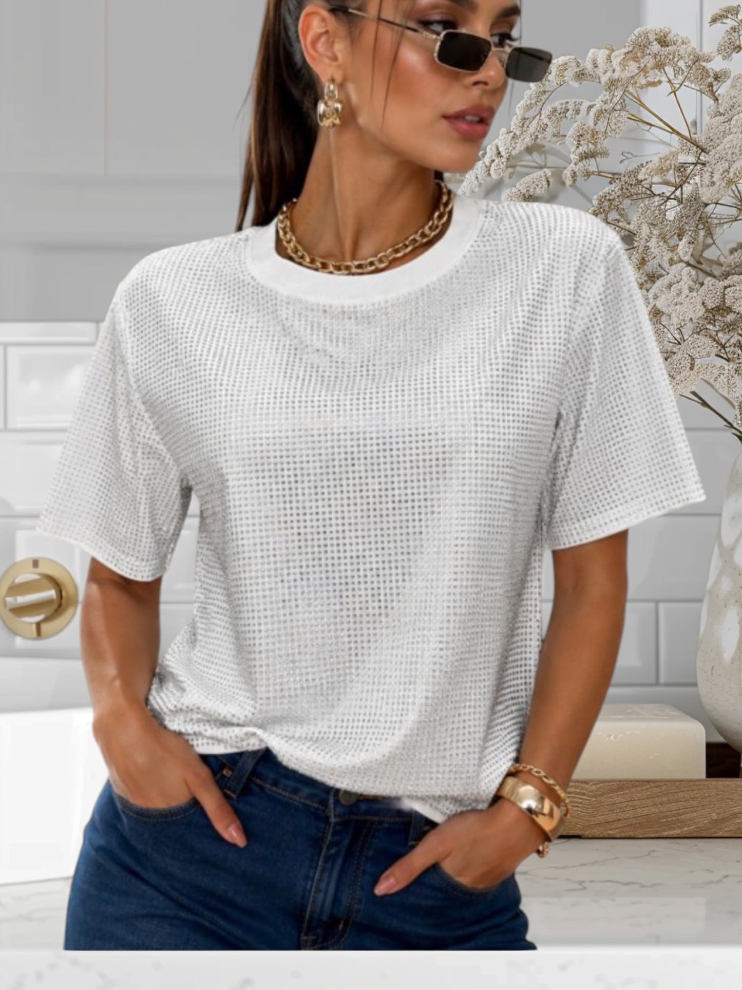 Rhinestones T/Shirts Loose