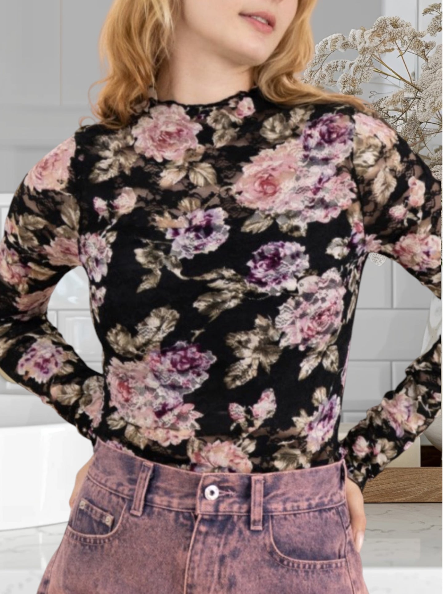 Black Plum Floral Mesh Top