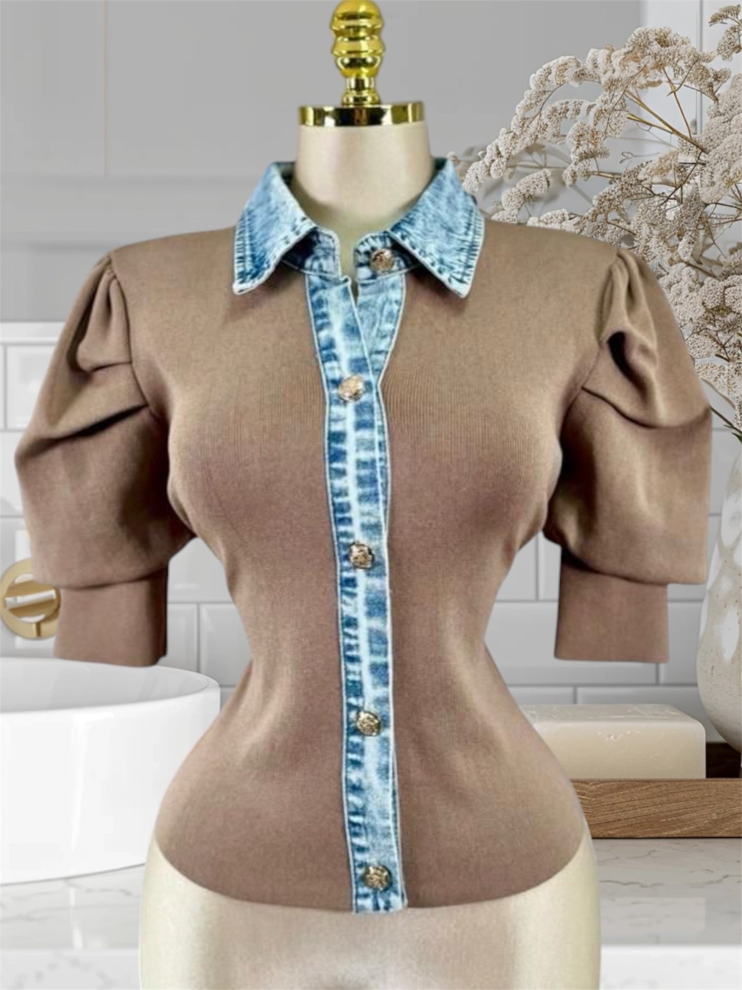 Mocha Blouse W/Demin