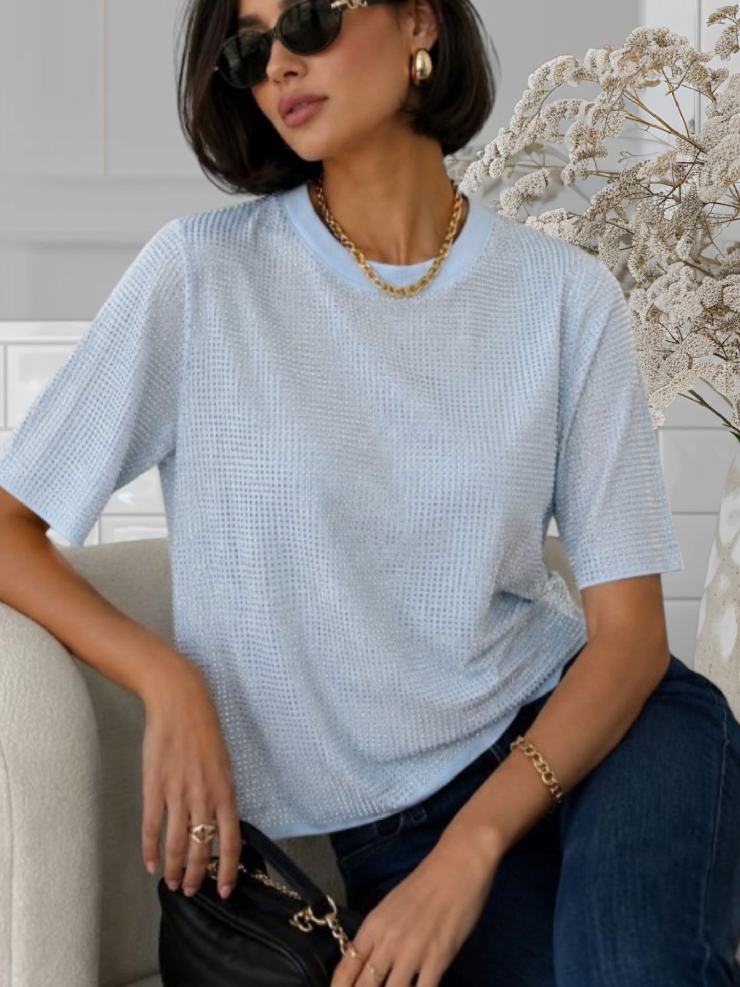 Rhinestones T/Shirts Loose