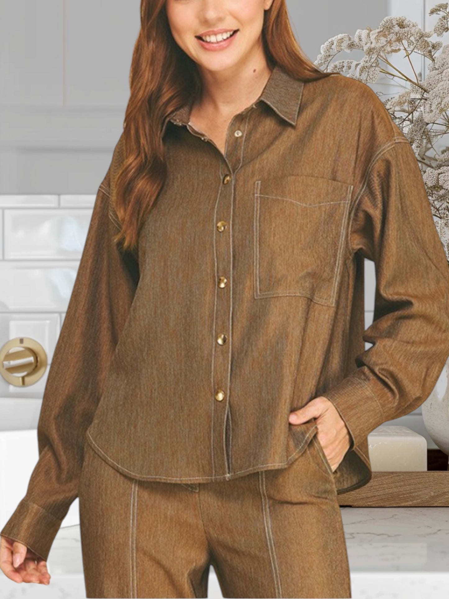 Oversized Faux Denim Shirt