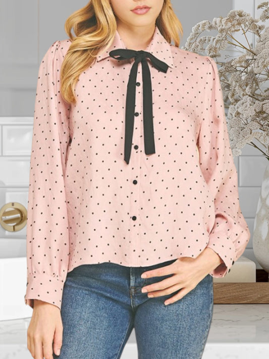 Polka Dots Blouse W/Ribbon Tie