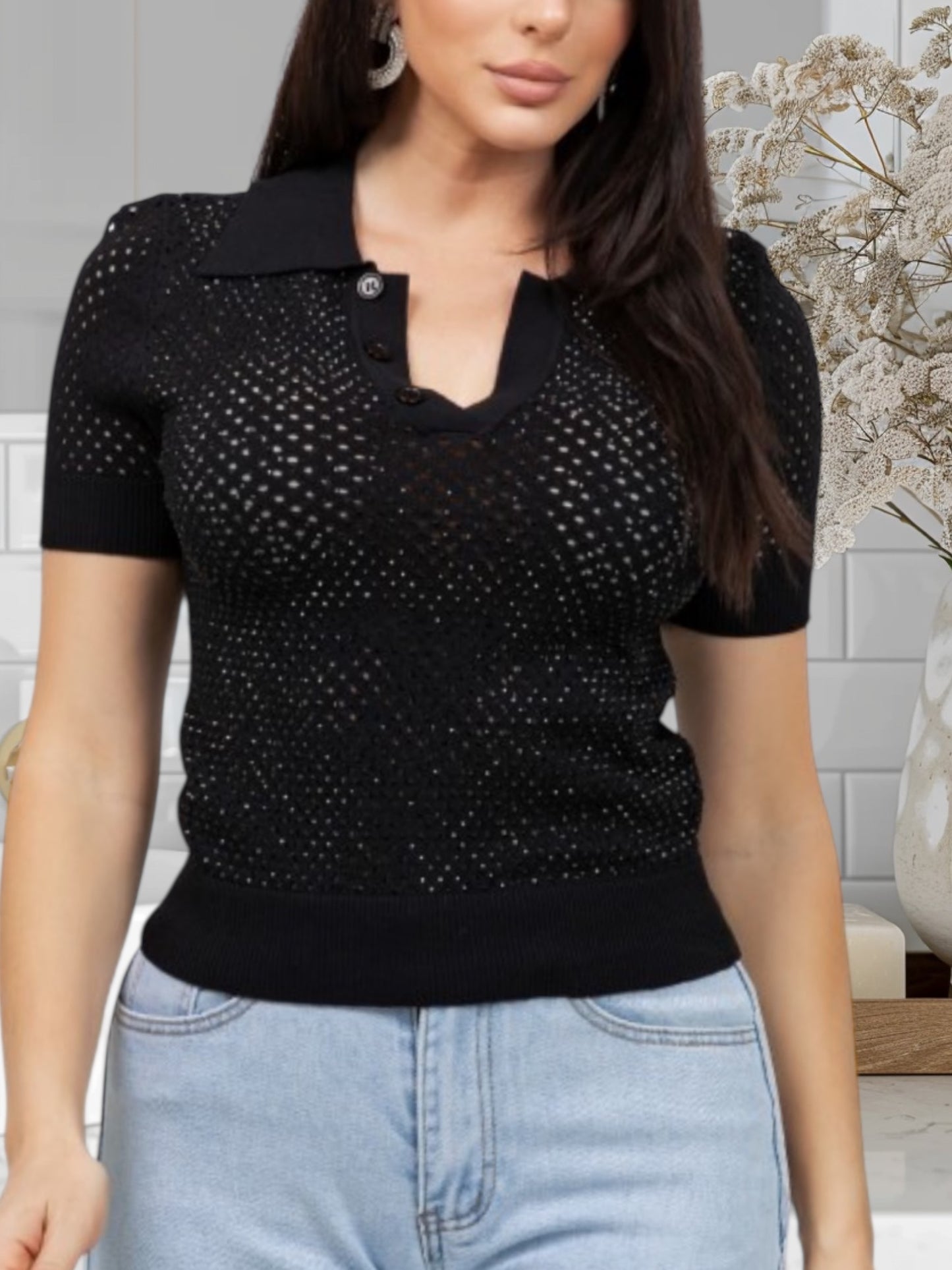 Mesh Top With Rhinestone
