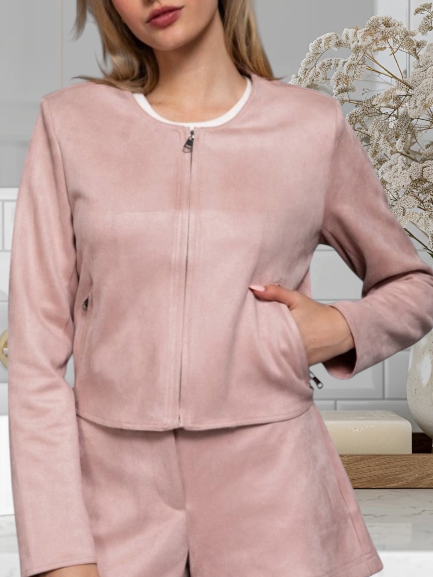 Faux Suede Jacket W/Zipper